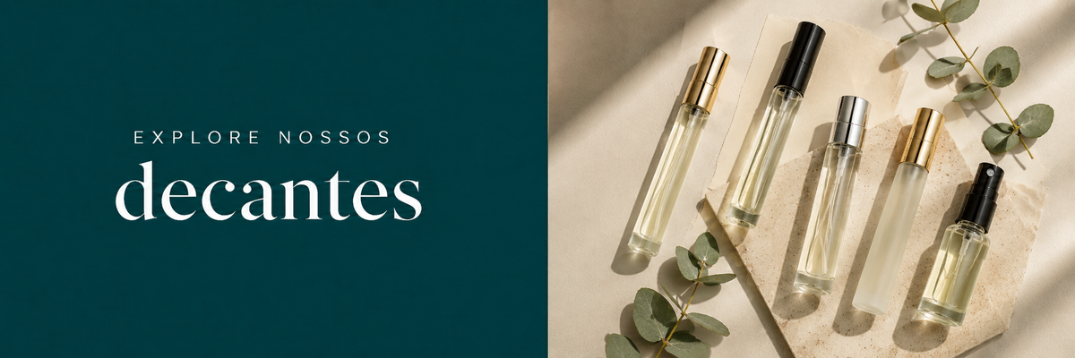Banner Explore nossos decantes — cinco frascos de decante de perfume com folhas de eucalipto sobre fundo bege.
