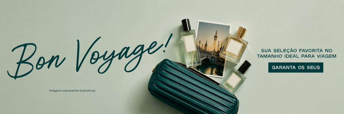 Banner promocional Bon Voyage — perfumes em tamanho viagem ao lado de nécessaire de couro verde e cartão-postal de Paris.