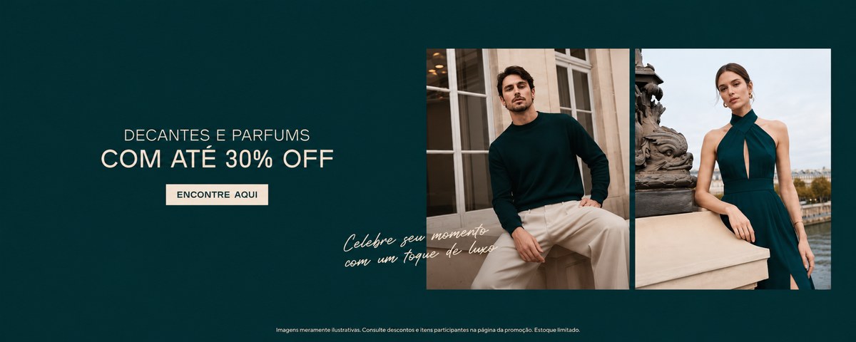 Banner promocional — Decantes e Parfums com até 30% off. Homem e mulher em looks verde-esmeralda em cenário parisiense elegante.